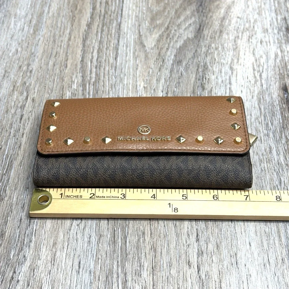 Michael Kors Karla Large Trifold Wallet Tan Studded Faux Leather Logo
